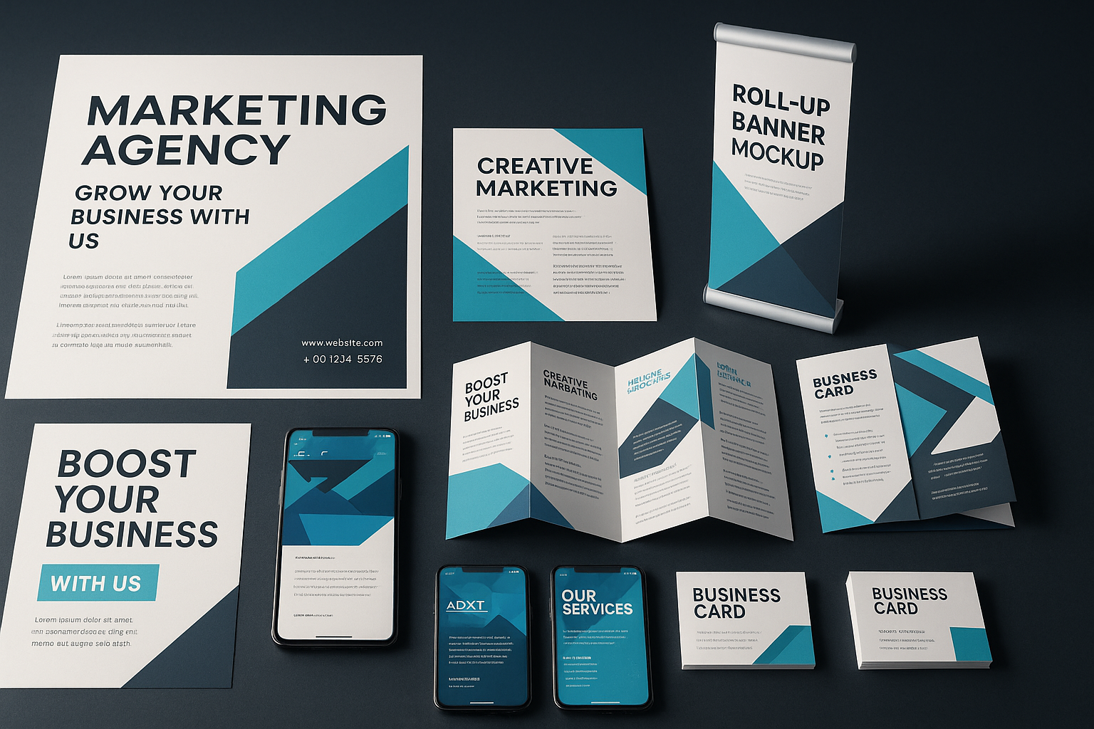 Printed posters, brochures and roll-up banners on a table