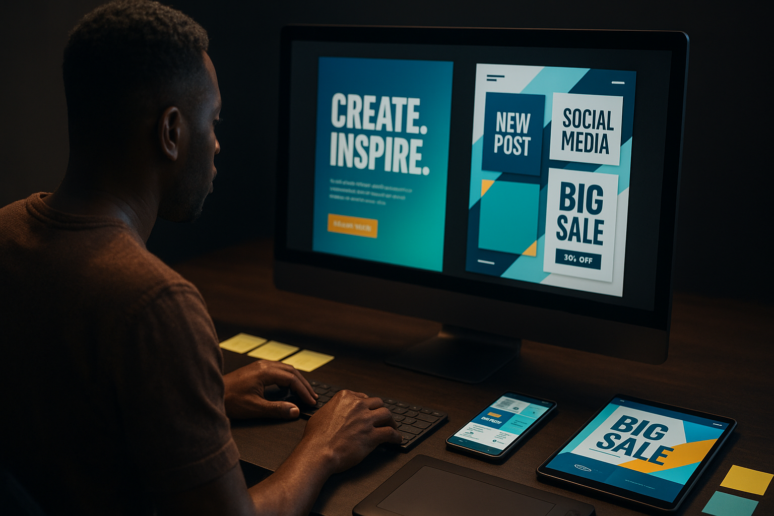 Graphic designer working on a poster and social media templates